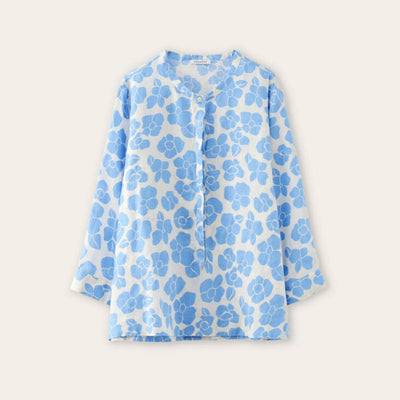ROSSO35 Linen Floral Shirt in White/Light Blue Flower Print