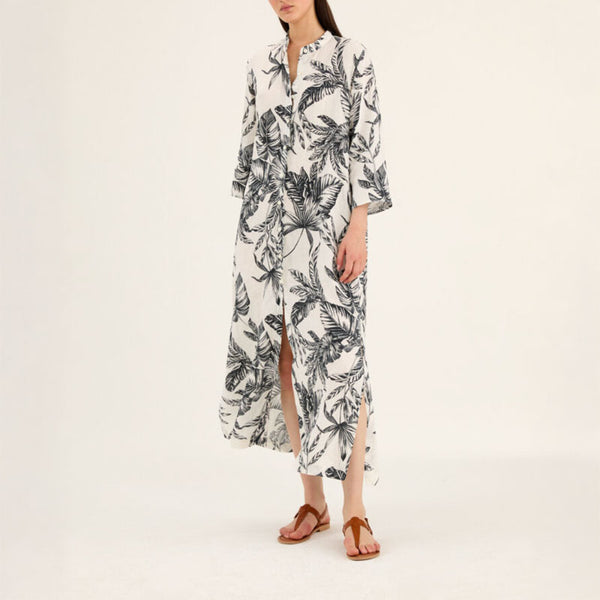 ROSSO35 Linen Maxi Dress in White/Black Palm Print