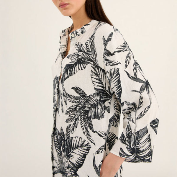 ROSSO35 Linen Maxi Dress in White/Black Palm Print