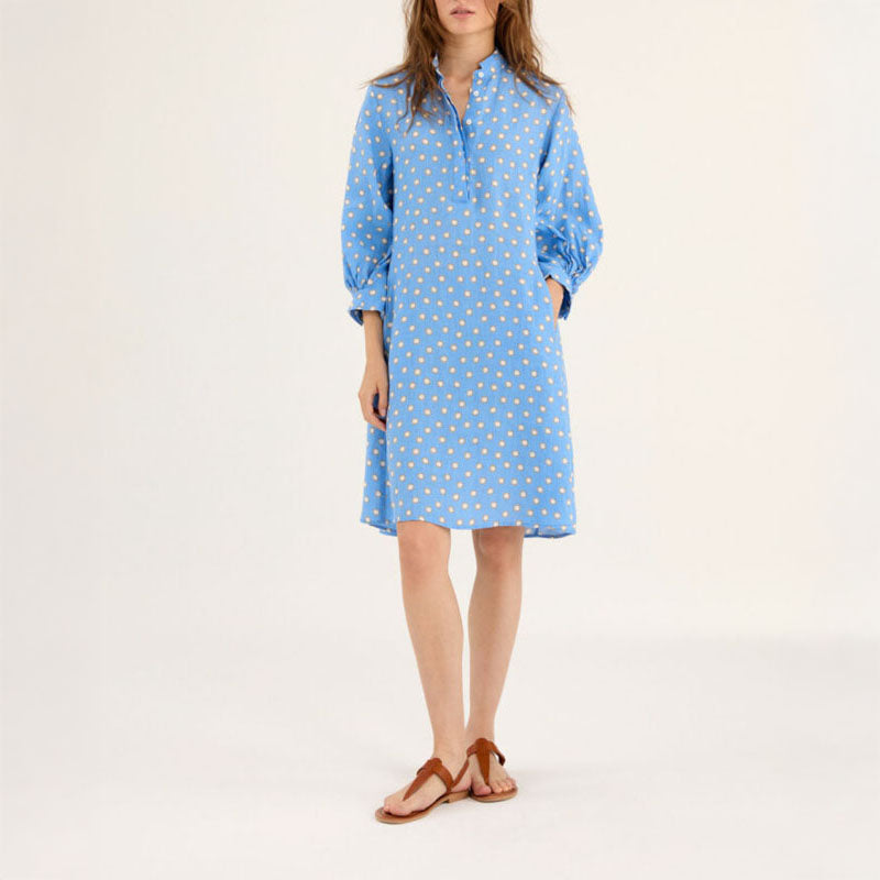 ROSSO35 Easy Midi Dress in Light Blue/White Polka Dot