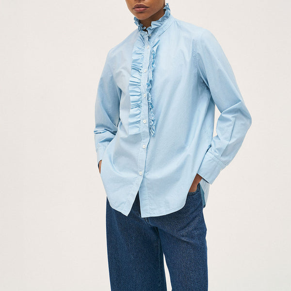 ROSSO35 Ruffle Placket Shirt in Light Blue
