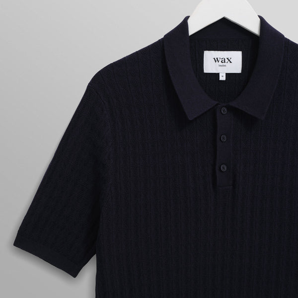 WAX LONDON Naples Diamond Stripe Knitted Polo in Navy