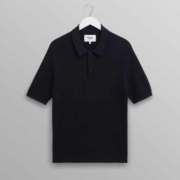 WAX LONDON Naples Diamond Stripe Knitted Polo in Navy
