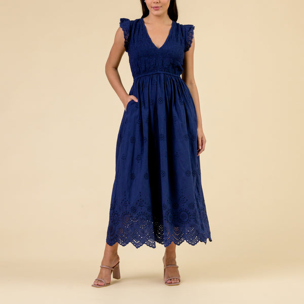 HANDPRINT DREAM APPAREL Aegean Cotton Cap Sleeve Dress in Navy