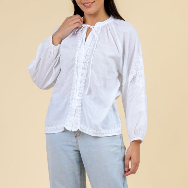 HANDPRINT DREAM APPAREL Athena Embroidered Cotton Blouse in White