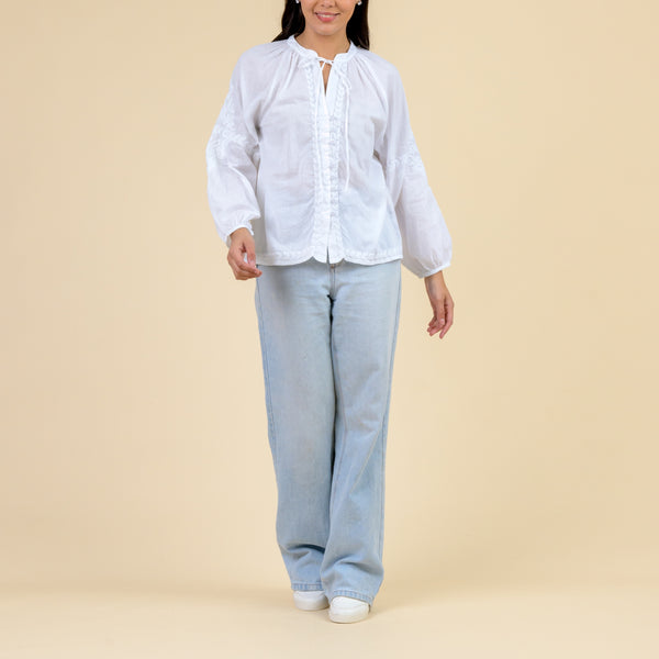 HANDPRINT DREAM APPAREL Athena Embroidered Cotton Blouse in White