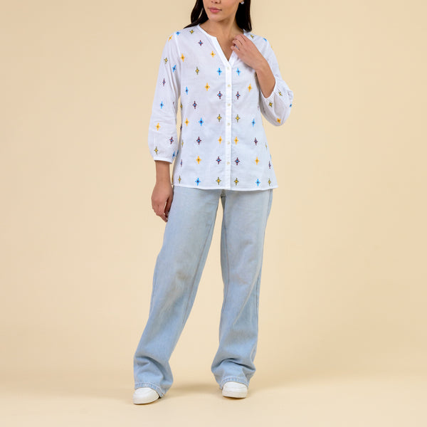 HANDPRINT DREAM APPAREL Iris Embroidered Top  in White/Multicolour