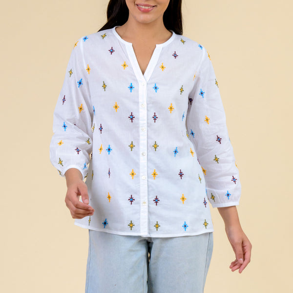 HANDPRINT DREAM APPAREL Iris Embroidered Top  in White/Multicolour