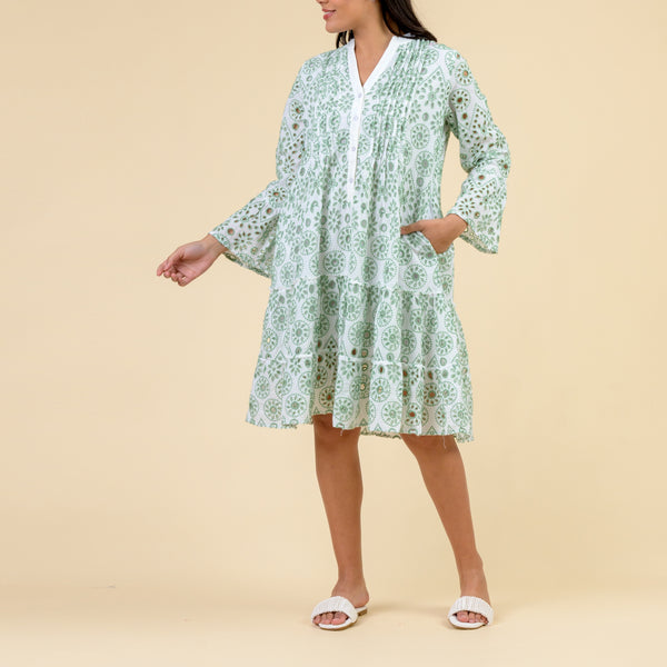 HANDPRINT DREAM APPAREL Mirage Broderie Anglaise Dress with Sleeves in White/Mint