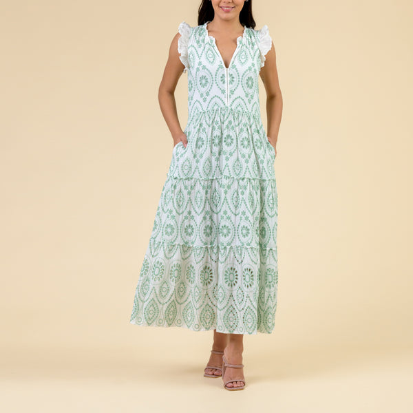HANDPRINT DREAM APPAREL Verde Broderie Anglaise Dress in White/Mint