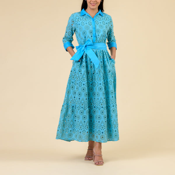 HANDPRINT DREAM APPAREL Blue Mirage Broderie Anglaise Shirt Dress in Turquoise Tale