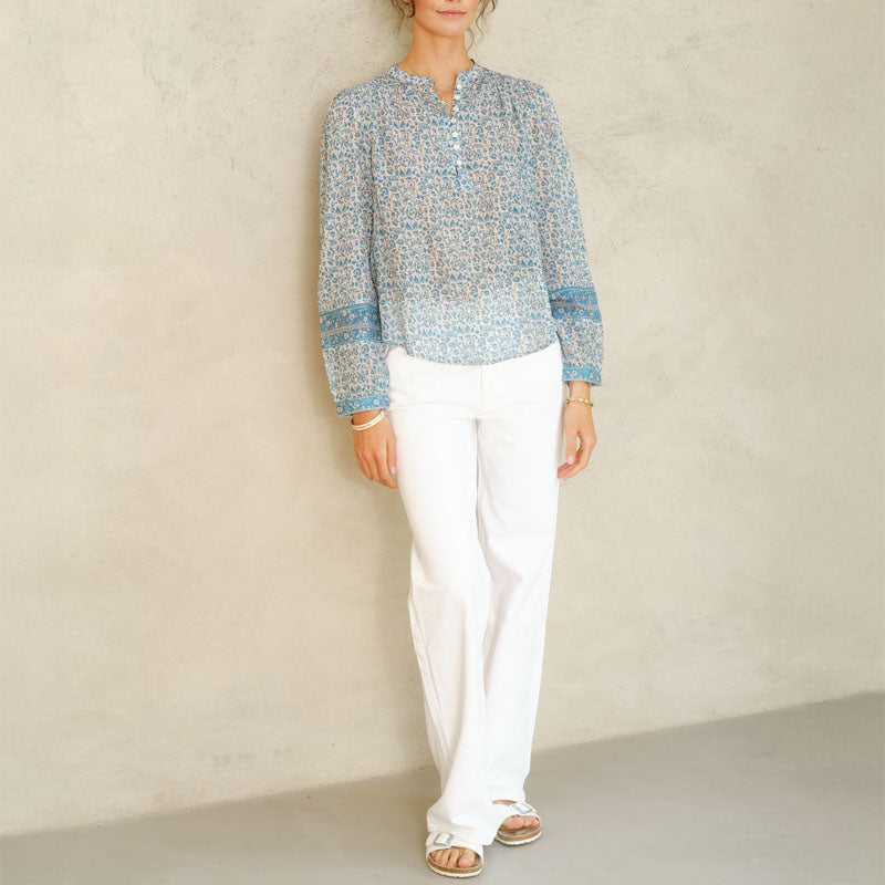 M.A.B.E Nola Print Long Sleeve Top in Blue