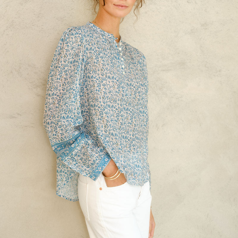 M.A.B.E Nola Print Long Sleeve Top in Blue