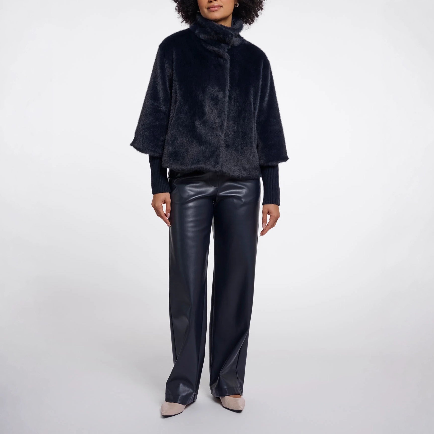 RINO & PELLE Nesrin Faux Fur Jacket with Rib Cuffs in Dark Navy