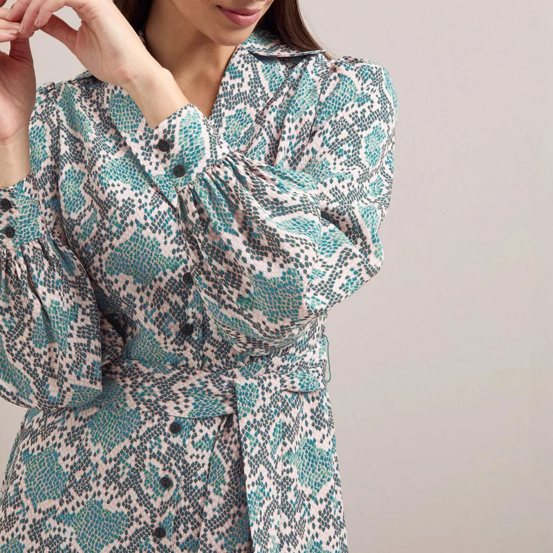 CEFINN Odette Snakeskin Print Shirt Dress in Green