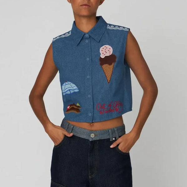 STELLA NOVA Out Of Office Embroidered Top in Summer Blue