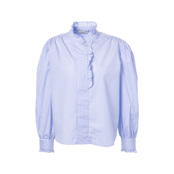 JCSOPHIE Patchouli Striped Ruffle Blouse in Light Blue Stripes