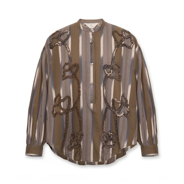 V DE VINSTER Pablo Embellished Stripe Shirt in Ikat Khaki