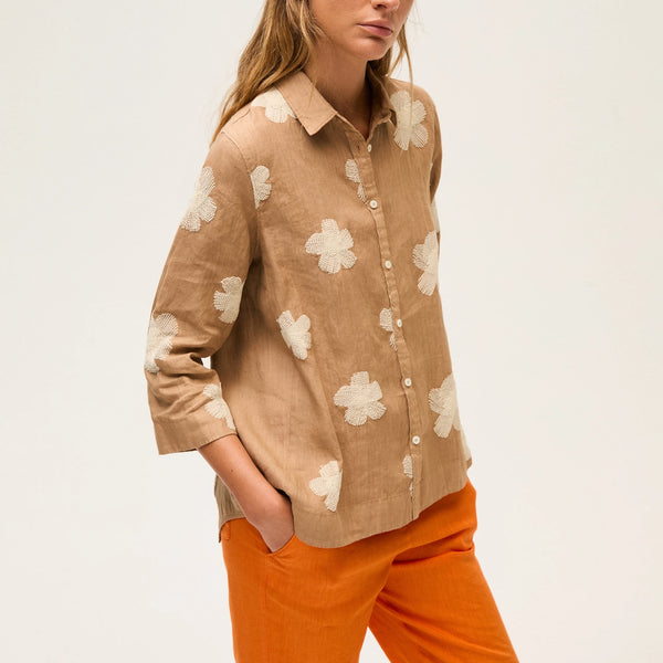 ROSSO35 Embroidered Linen Shirt in Tobacco/Beige