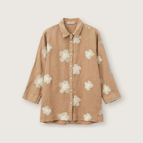 ROSSO35 Embroidered Linen Shirt in Tobacco/Beige