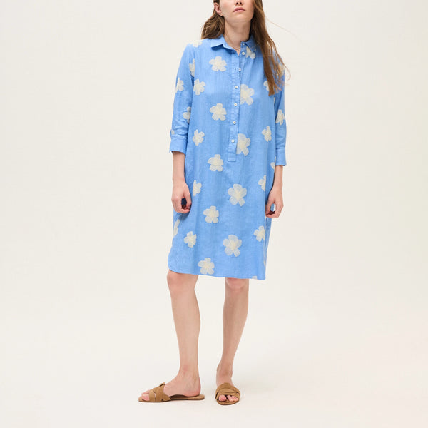 ROSSO35 Embroidered Linen Dress in Blue/Beige