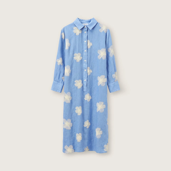 ROSSO35 Embroidered Linen Dress in Blue/Beige