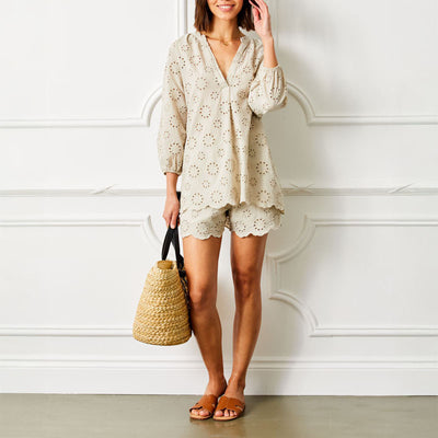 SUZY D Pearl Broderie Anglais Open Neck Top in Beige