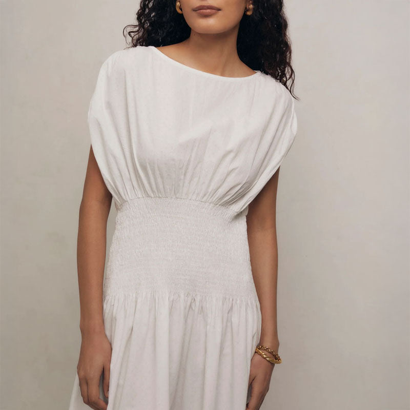 MONDO CORSINI Penelope Cotton Gathered Waist Dress in White