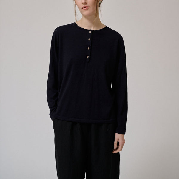 ANNE-MI Pine Button Merino Wool Top in Dark Navy
