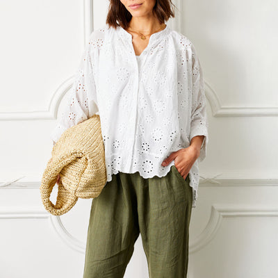 SUZY D Pompano Broderie Anglais Button Through Shirt in White