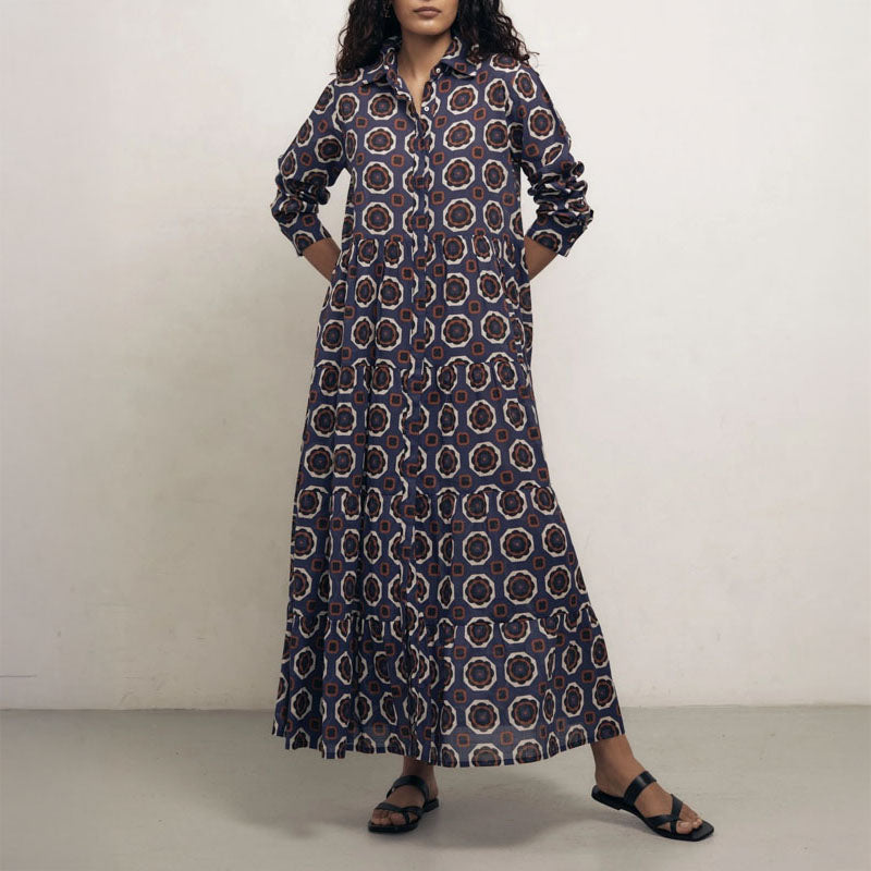 MONDO CORSINI Portofino Cotton Long Tiered Shirt Dress in Gardenia Blue
