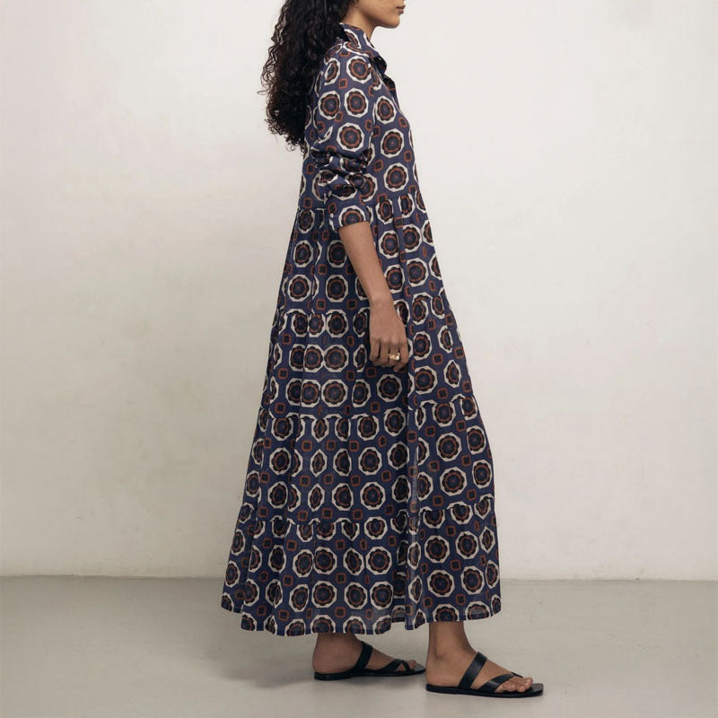 MONDO CORSINI Portofino Cotton Long Tiered Shirt Dress in Gardenia Blue