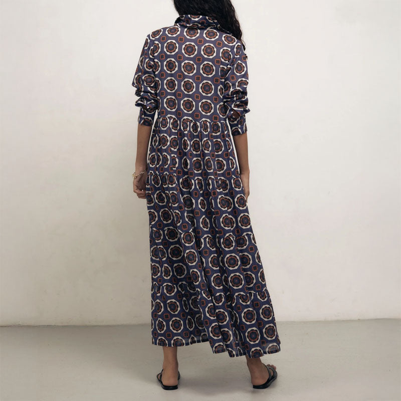 MONDO CORSINI Portofino Cotton Long Tiered Shirt Dress in Gardenia Blue