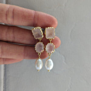 Rose Quartz & Pearl Earrings in Gold