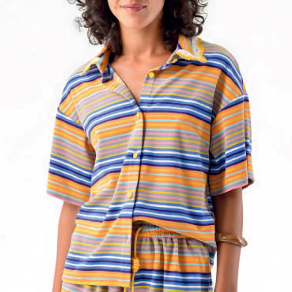 ORFEO Pauline Terry Shirt with Crochet Details in Orange Stripes