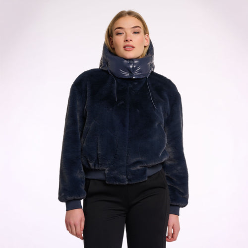 RINO & PELLE Pia Short Faux Fur Jacket with Hood in Night Grey