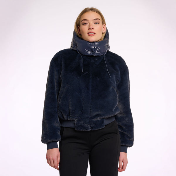 RINO & PELLE Pia Short Faux Fur Jacket with Hood in Night Grey