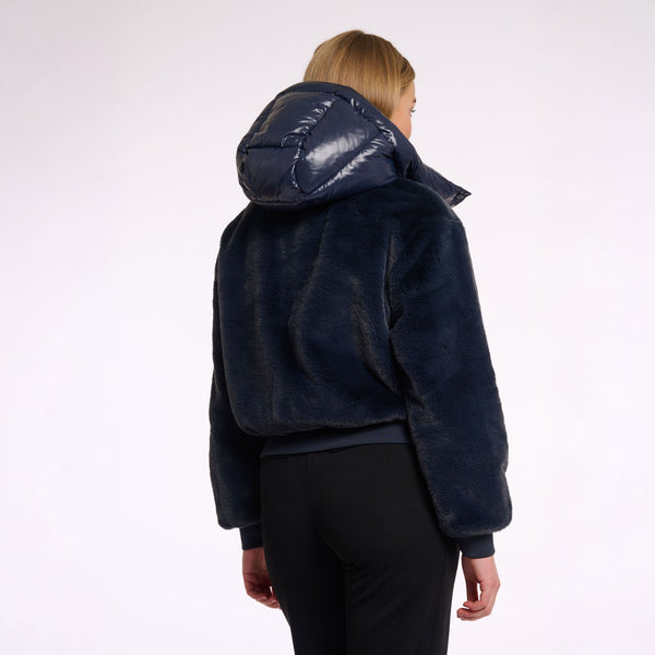 RINO & PELLE Pia Short Faux Fur Jacket with Hood in Night Grey