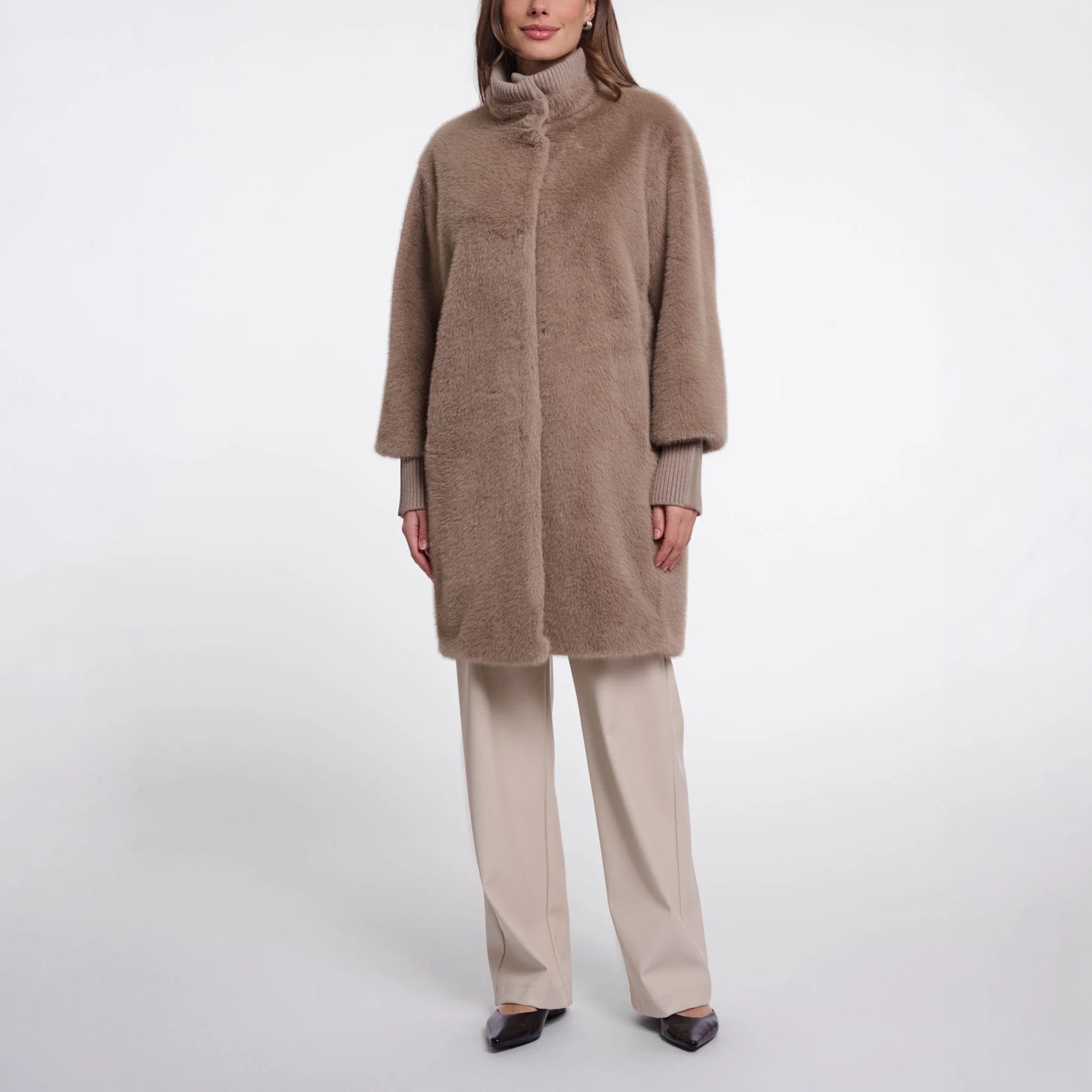 RINO & PELLE Pilar Faux Fur Medium Length Jacket with Rib Cuffs in Mocha Latte