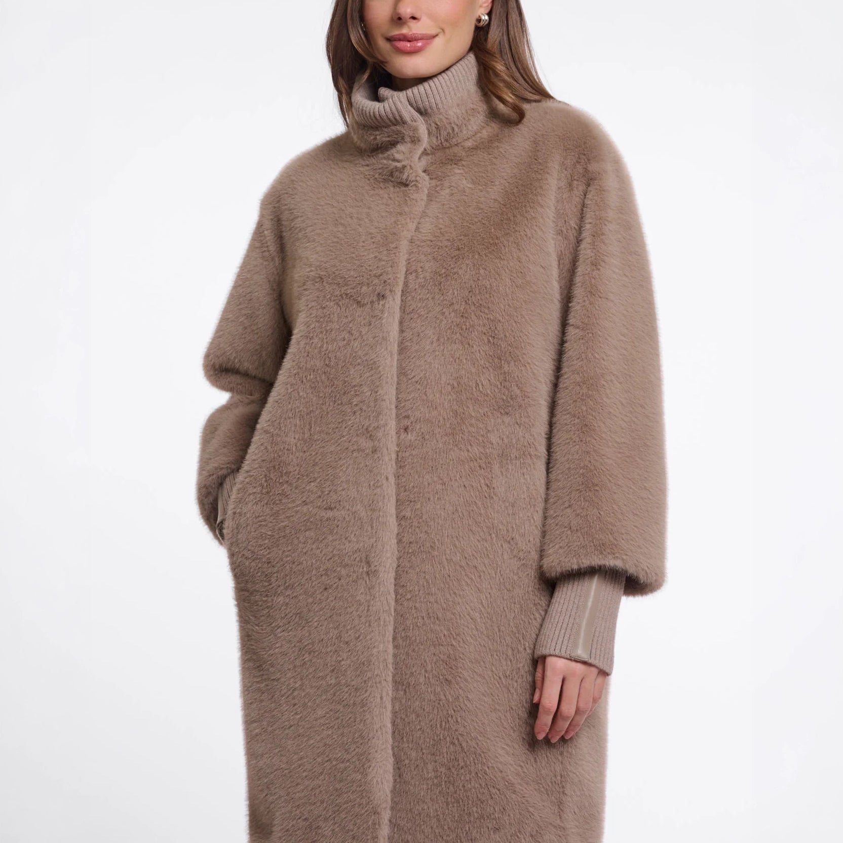 RINO & PELLE Pilar Faux Fur Medium Length Jacket with Rib Cuffs in Mocha Latte
