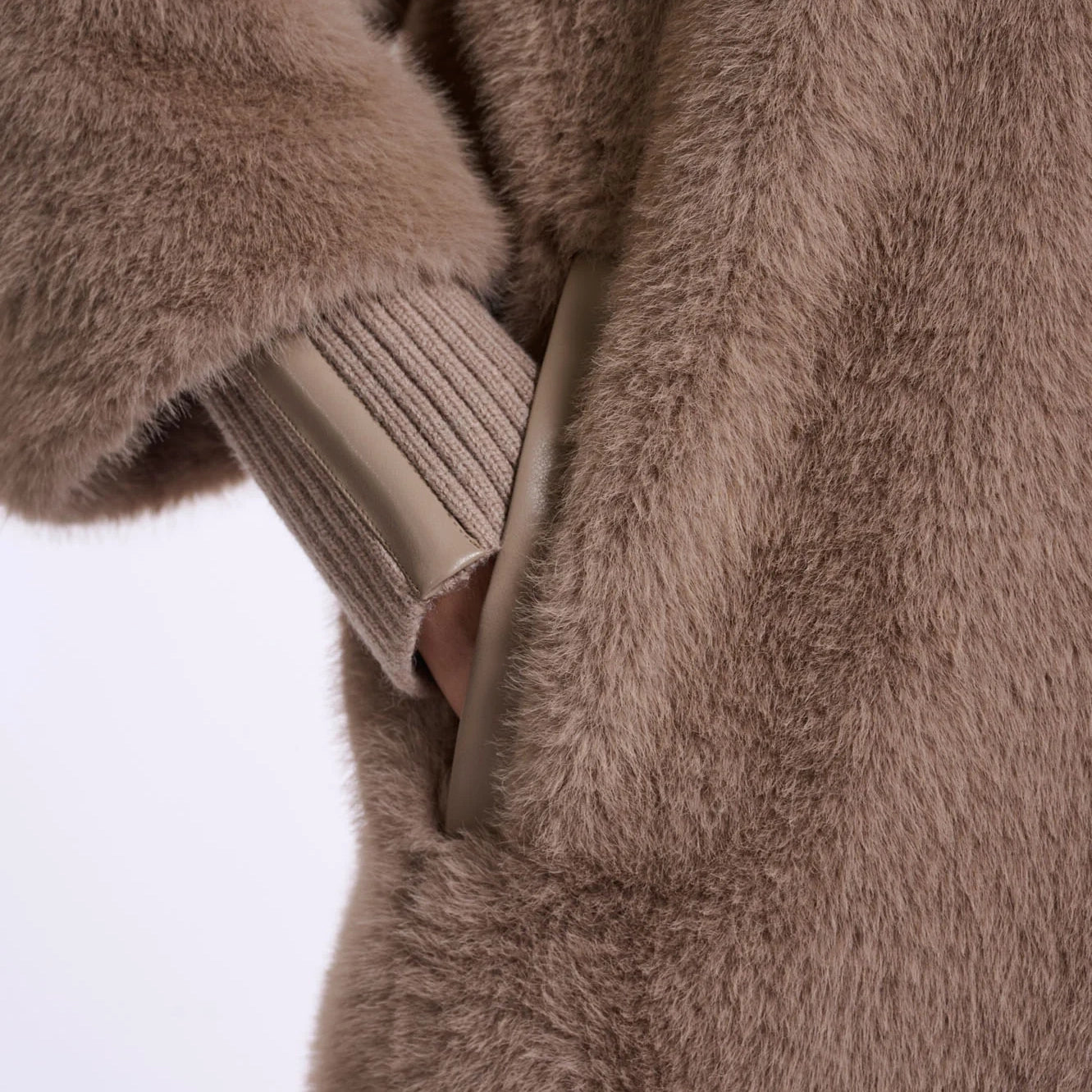 RINO & PELLE Pilar Faux Fur Medium Length Jacket with Rib Cuffs in Mocha Latte