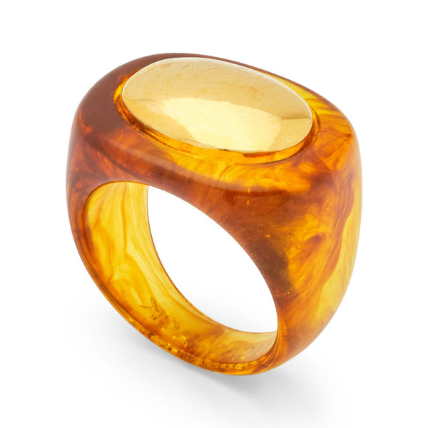 LUCAS JACK Gold Oval Resin Ring in Tortoiseshell/Gold