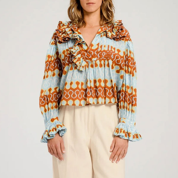 V DE VINSTER Rio Frill Blouse in Blue Multi
