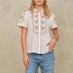 M.A.B.E Ruby Embroidered Short Sleeve Top in Ecru/Multi