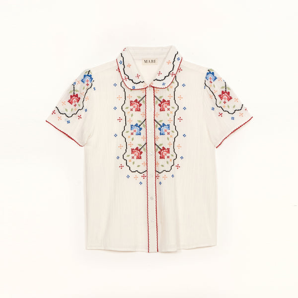 M.A.B.E Ruby Embroidered Short Sleeve Top in Ecru/Multi