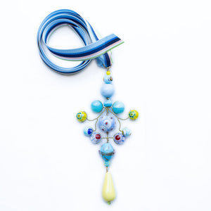Ribbon Gypsy Necklace in Pale Blue & Yellow with Multi Ribbon