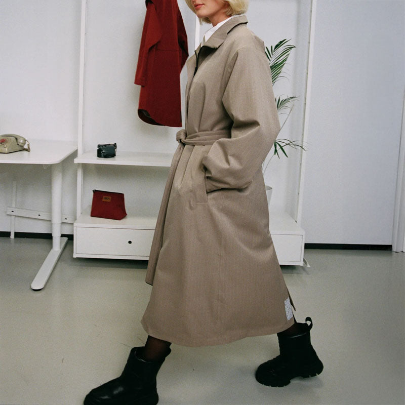 BRGN Rossby Maxi Coat in Taupe Pinstripe