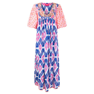 Ikat Print Midi Dress in Pink & Blue