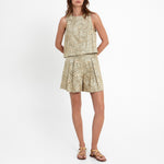 GREEK ARCHAIC KORI Cross Embroidered Pleated Shorts in Sage/Gold