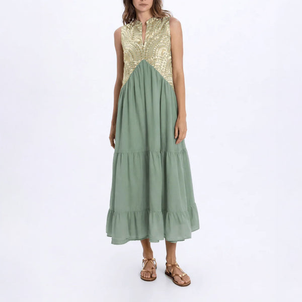 GREEK ARCHAIC KORI Long Triangle Embroidered Sleeveless Dress in Sage/Gold